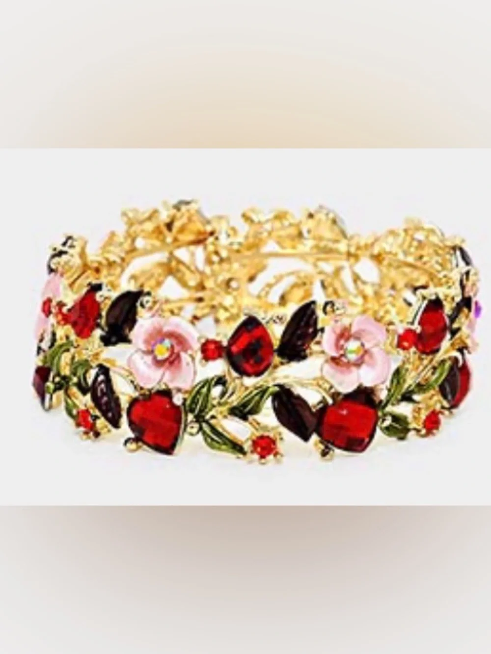 Gold Tone Women’s Floral Bracelet with Blue Crystal Accents